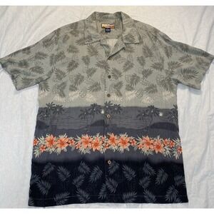 Hawaii Jack's Cafe Silk Hawaiian Shirt Mens L Gray Palm Tree Floral Beach Camp